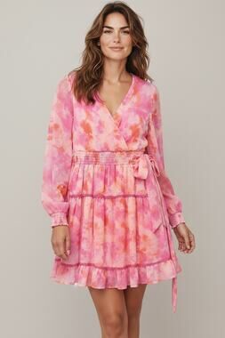 Pink Floral Mini Dress Long Sz S Sleeve Tiered Ruffle Boho Romantic Feminine